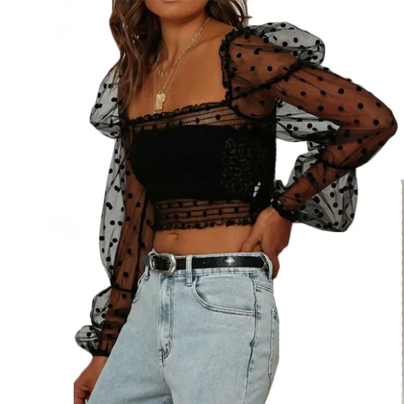 

Summer Sheer mesh tops Fashion Women See-through transparent Blouse Beach sexy Long sleeve Dot print Strapless Vintage Crop top