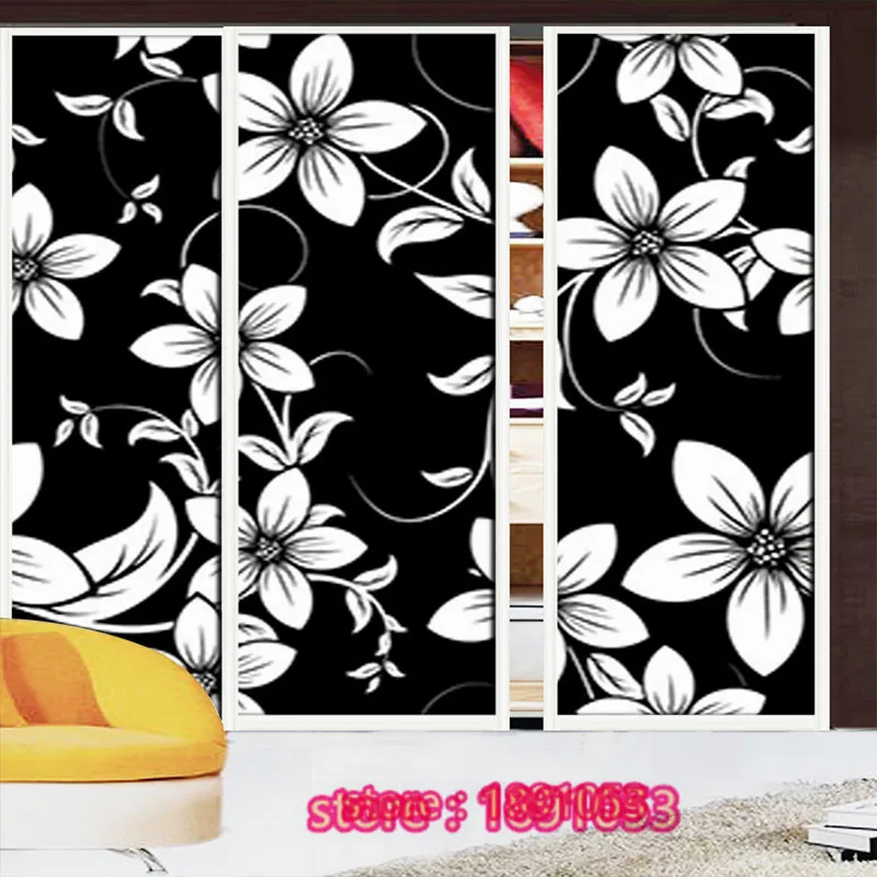 Black And White Flower Pattern Opaque Glass Film Wardrobe Living Room