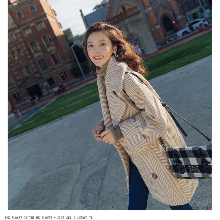 Зимнее корейское пальто женское модное винтажное шерстяное Свободные пиджаки двубортное пальто с отложным воротником Женское пальто abrigos
