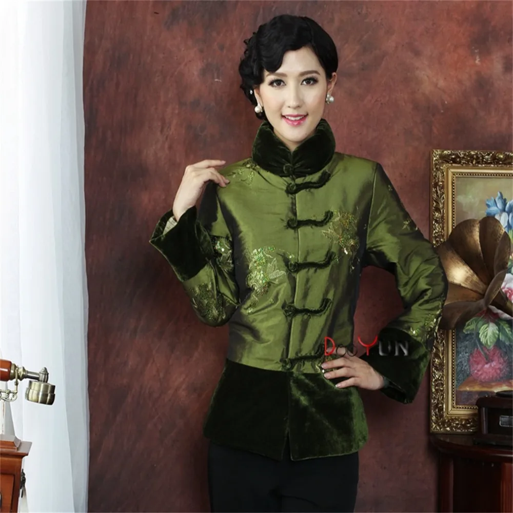 Зеленая Китайская традиционная Женская Стеганая куртка с длинным рукавом для женщин среднего возраста с вышивкой костюм Тан Верхняя одежда M L XL XXL 3XL 4XL