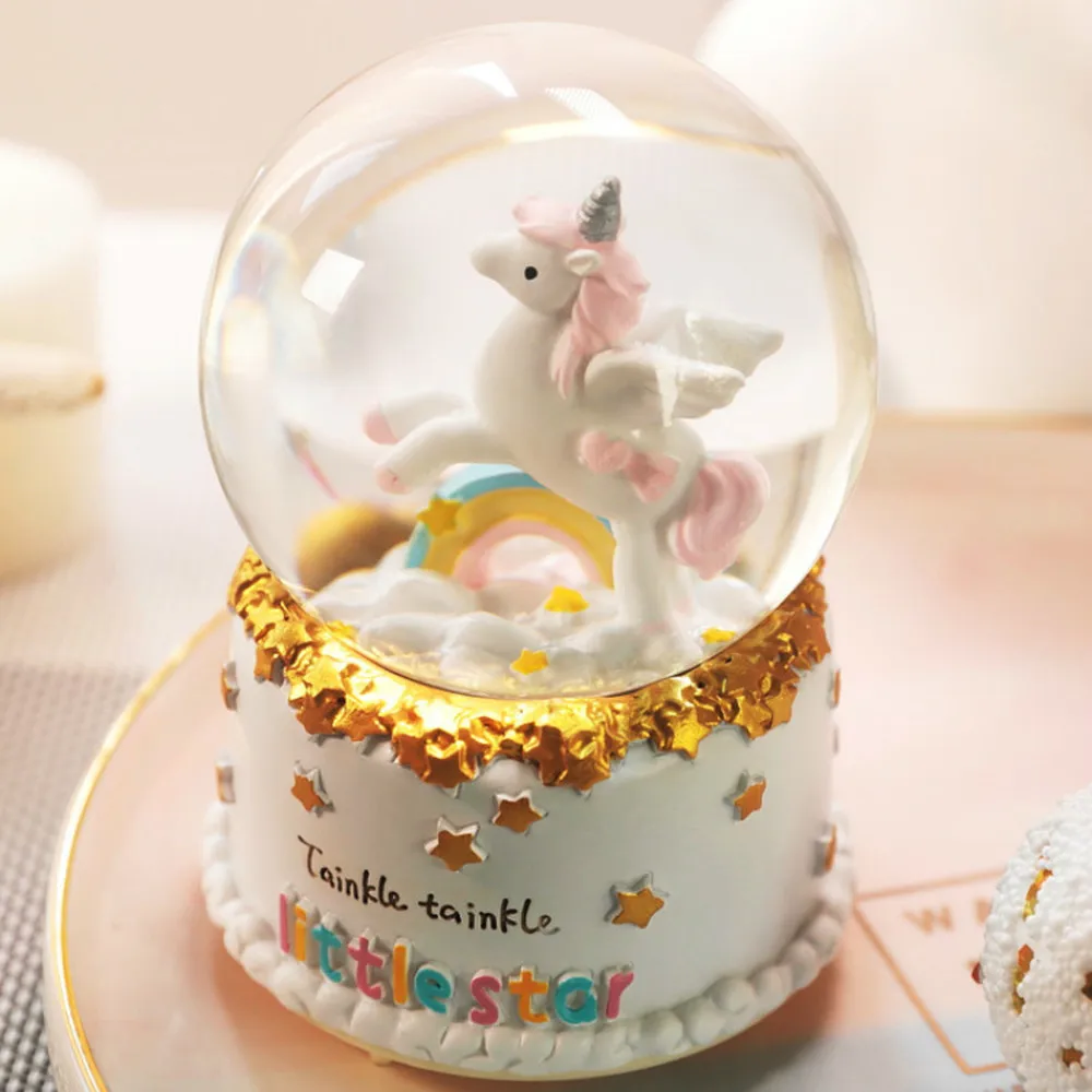 

Unicorn Crystal Ball Music Box with Snowflake Luminous Birthday Girl Gift European Sky City LM12301542