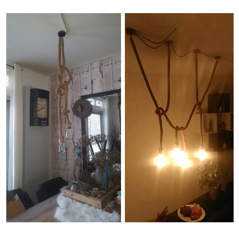 Ретро Винтаж веревка подвесной светильник лампа Лофт промышленный Одноместный/двойной головкой E27 подвесной светильник лампа Эдисона лампа для гостиной