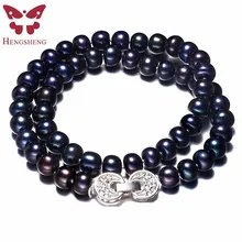Mujeres Natural negro perla joyería collar, 925 Collar de plata, 9-10mm joyería, árbol de la vida hebilla(China)