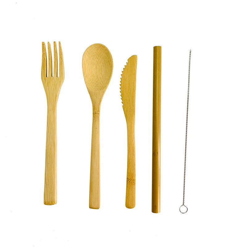 

5pcs Portable Bamboo Flatware set include 20cm Spoon Fork Knife Bamboo Straw and cleaning brush Wooden cutlery set Natural