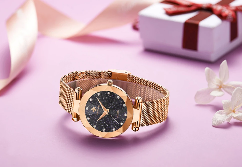 2019 новый стиль бренд Wwoor женские часы Звездное уникальный дизайн со стразами синий ультра-тонкий циферблат розовое золото женские
