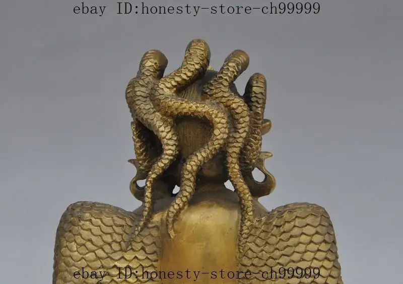11 "Китайский Латунь медь 5 Змеиная Голова Бог Бронзовый Fly Нага Каня Статуя Будды