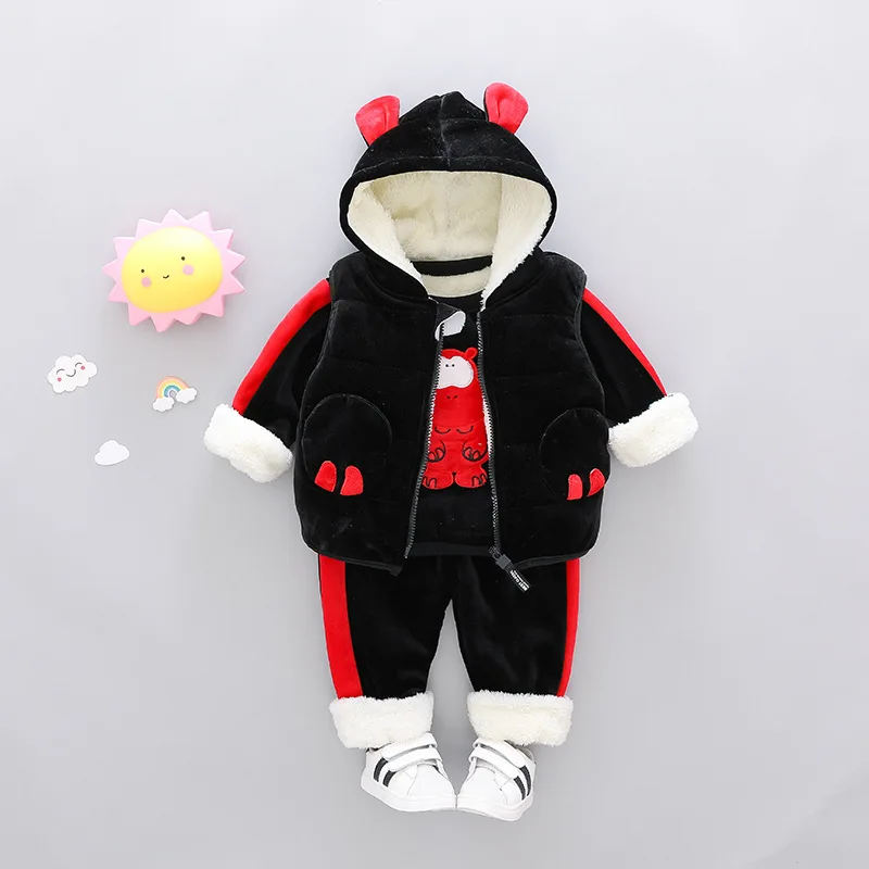 

Cute Baby Winter Clothes 3PCS Suit For Toddler Boy Girl Cartoon Letter Kids Hooded Velvet Set Clothing 1 2 3 4 Years