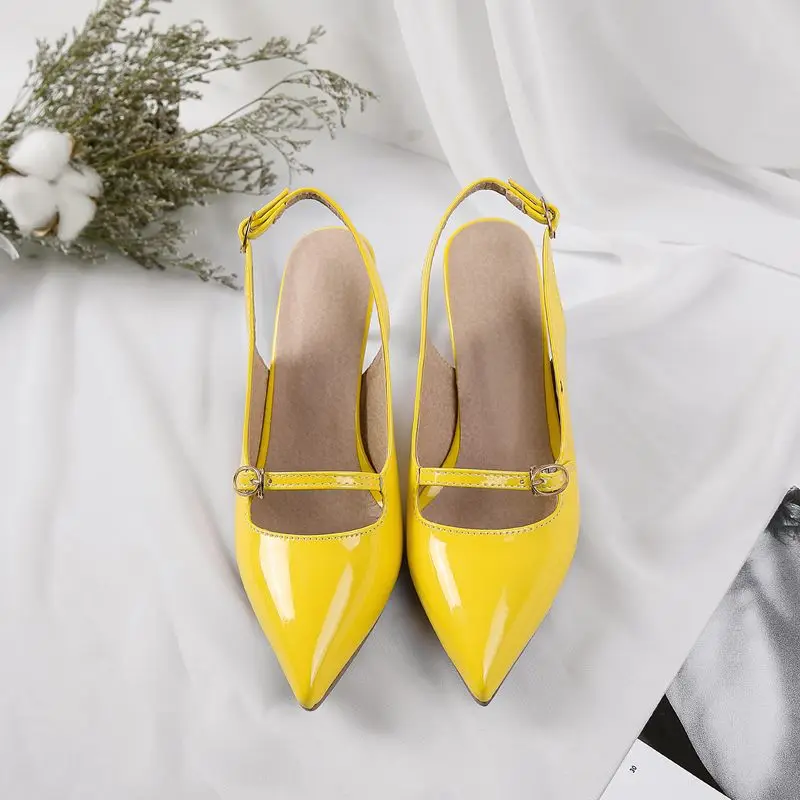 EGONERY/летние пикантные туфли-лодочки; цвет желтый, красный; вечерние туфли на высоком каблуке; модные брендовые свадебные туфли из лакированной кожи; туфли-лодочки из искусственной кожи с ремешком на пятке - Цвет: yellow