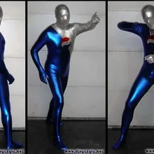 SUP123) синий и серебристый Блестящий металлический Пепси человек супергерой костюм косплей Zentai Хэллоуин костюм с накидкой