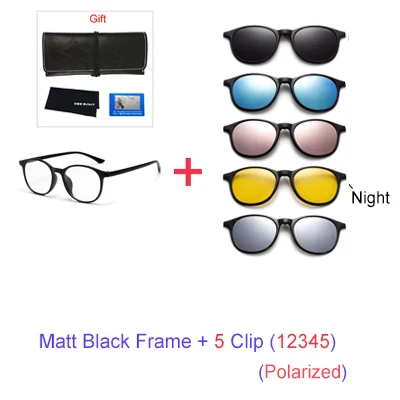 1 Frame 5 Clip 12345 TWO Oclock Magnet Sunglass Women Men Polarized Lens Optical Spectacle Frame Clip On Glasses Men Round TR90 3D Night Vision A2245 - Цвет линз: 1 Frame 5 Clip 12345