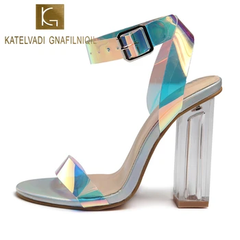 

KATELVADI Sandals Women 2020 Women's Shoes Colorful PVC 4 Inches Square Heels Women's Summer Shoes Sapato Feminino K-335