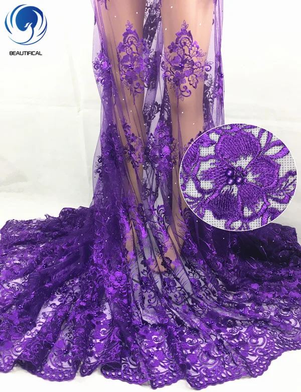 Красивые фиолетовые африканские кружевные ткани для платья Новое Поступление Вышивка бисером сетка кружева с камнями французский тюль сетка кружева NLF27