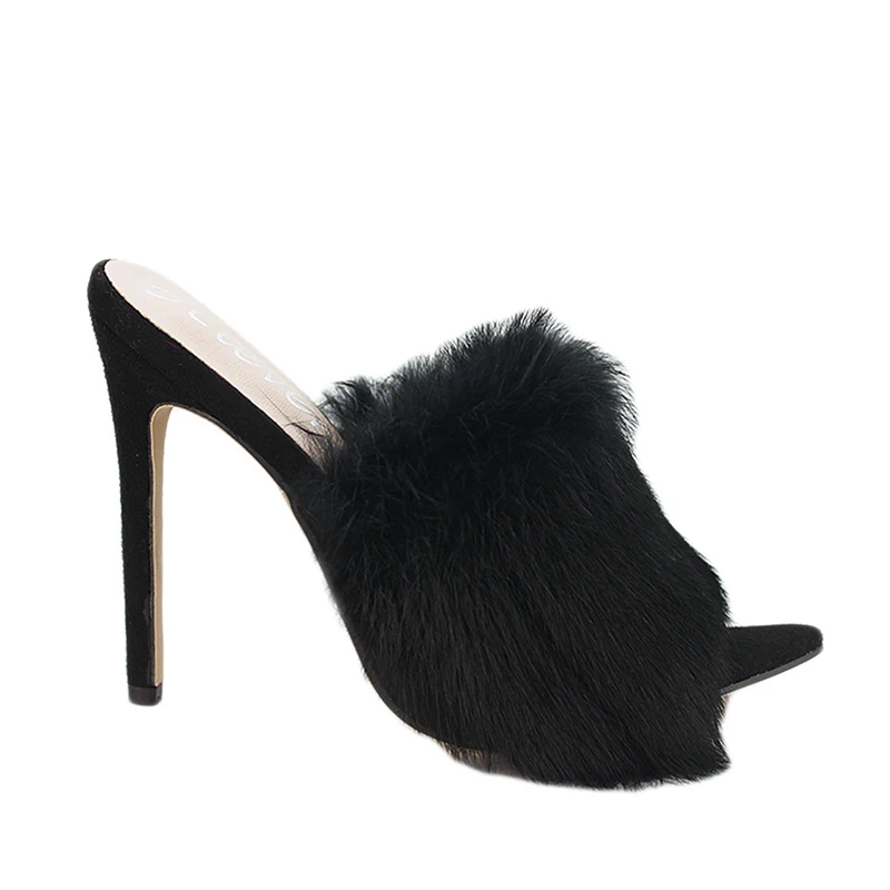 Г. Европейские сандалии ярких цветов, роскошный мех кролика, сандалии на высоком каблуке, шлепанцы женская обувь больших размеров 35-43 - Цвет: Black rabbit