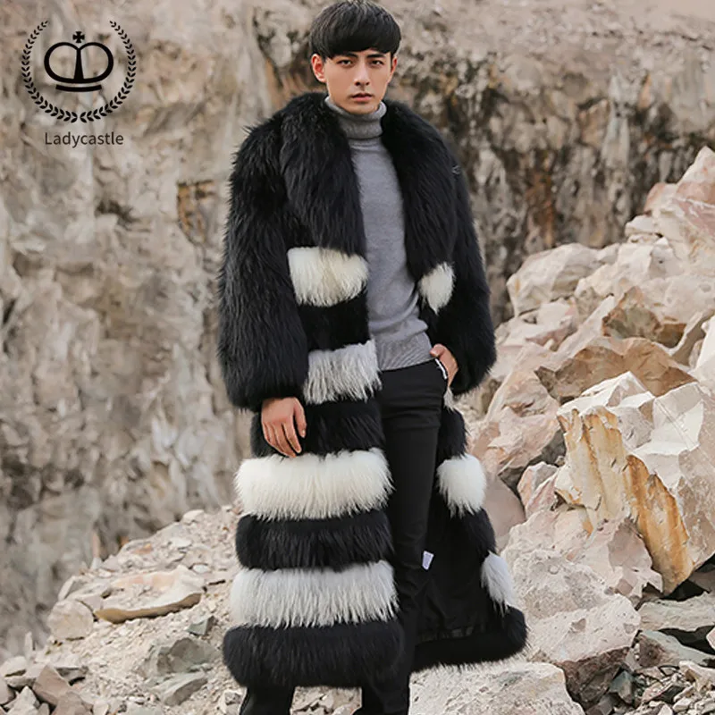 

2018 New Real Natural Raccoon Dog Fur Coat With Turn-down Collar 110cm Long Male Raccoon Fur Jacket Winter Men Fur Coat FM-016
