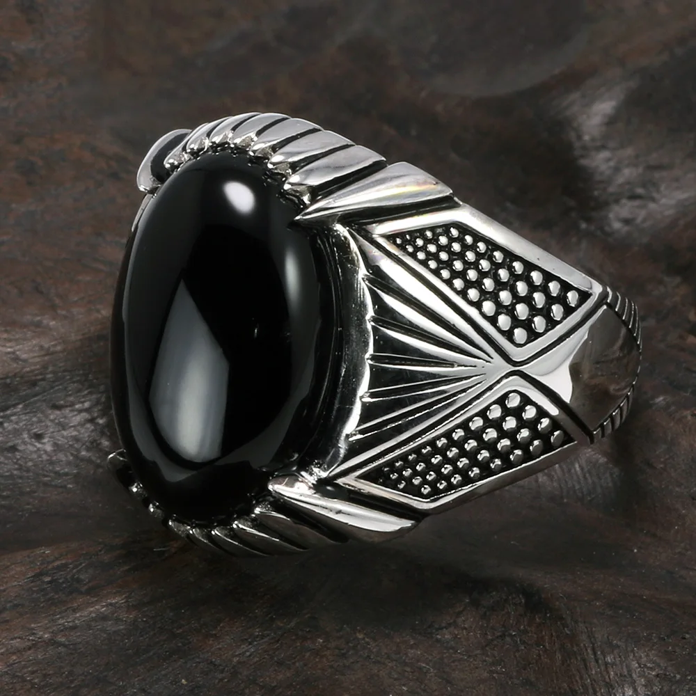 Vintage Handmade Black Agate Turkish Ring For Men Women Ancient Silver
