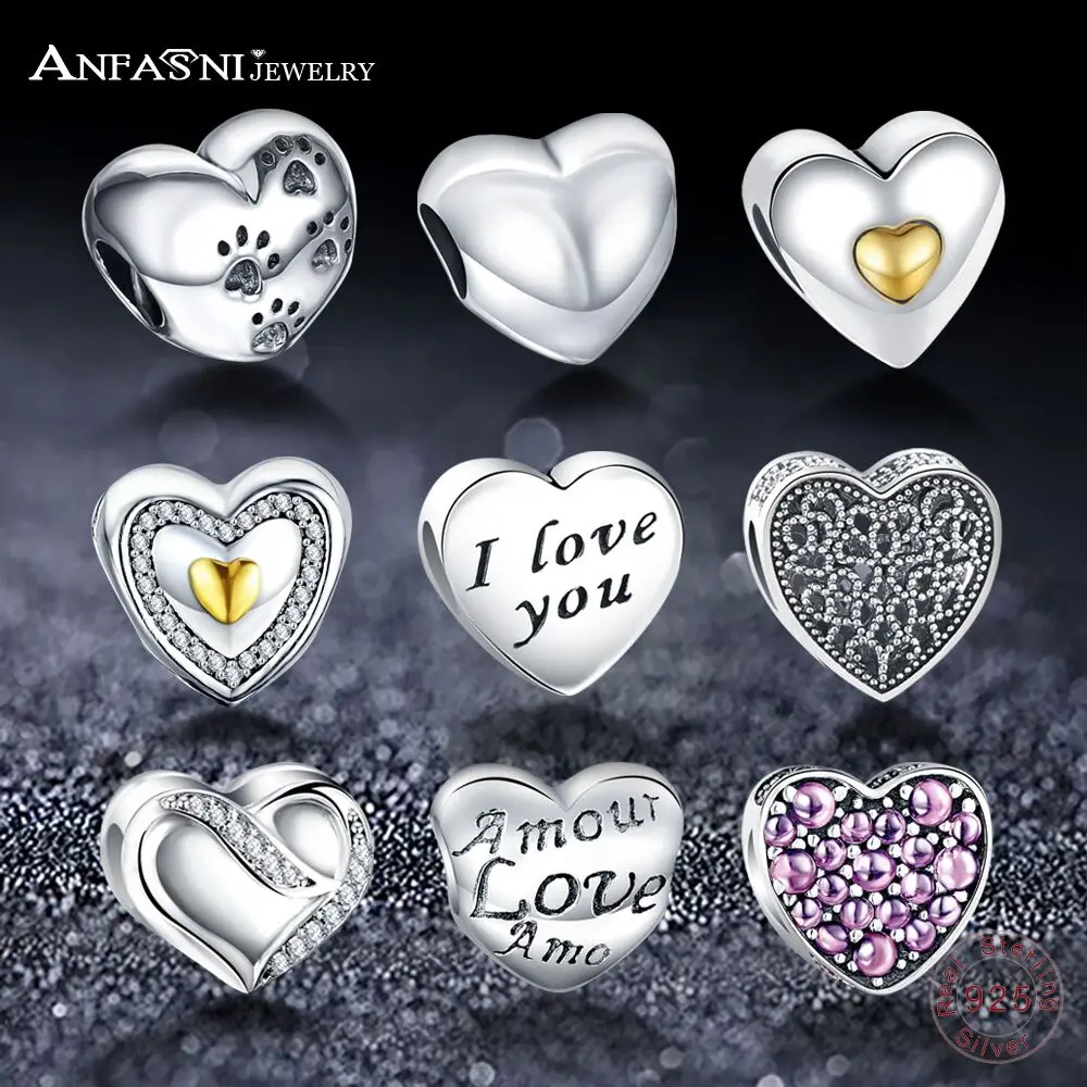 

ANFASNI Authentic 925 Sterling Silver Gold Heart Shape Charm Beads Fit Brand Bracelets & Bangles Original Fine Jewelry PSMB0191