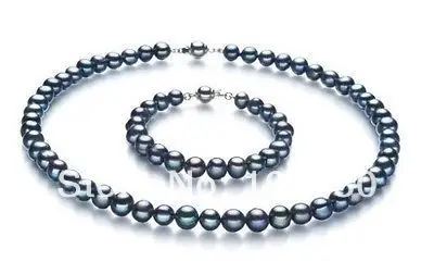 

Jewelry 00665 SET 9-10MM TAHITIAN BLACK PERFECT ROUND AAA PEARL NECKLACE BRACELET