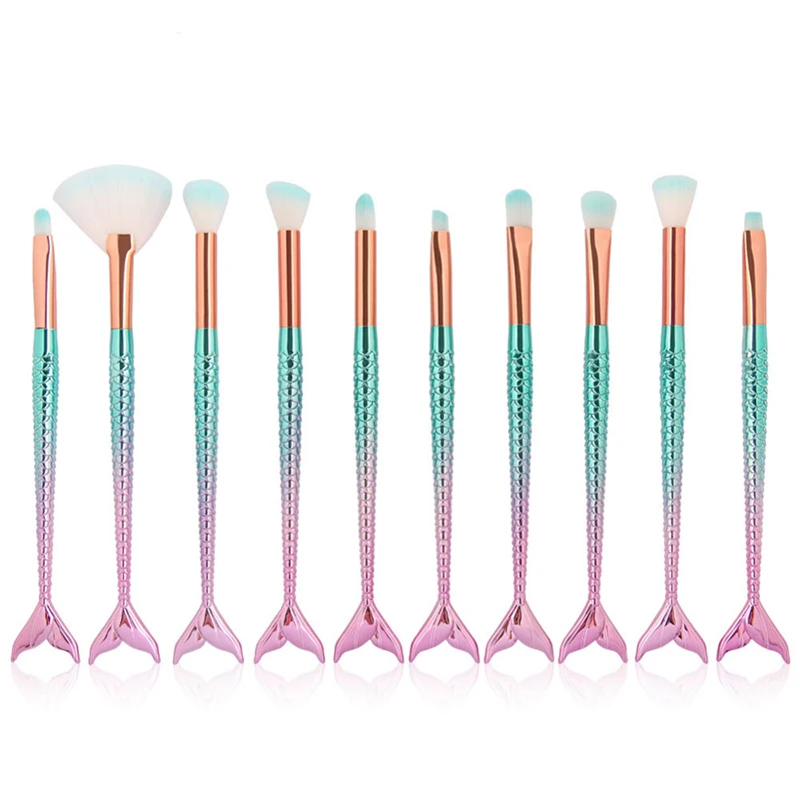 

10PCS Professional Mermaid Makeup Brushes Set Foundation Blending Powder Eyeshadow Contour Concealer Blush Cosmetic Makeup Tool