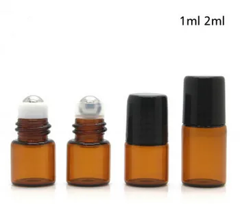 

New 1000pcs 1ml 2ml Brown Amber Glass Roll On Essential Oil Perfume Bottle Stainless Steel glass Roller Ball with gold black cap