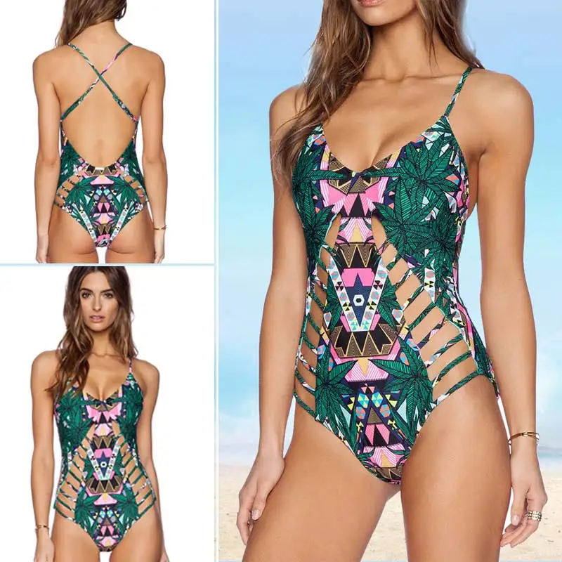 

M&M New Coconut Tree Print One Piece Swimsuit Women 2017 Sexy Brazilian Deep V Bathing Suit Hollow Out Monokini Swim Beach Wear
