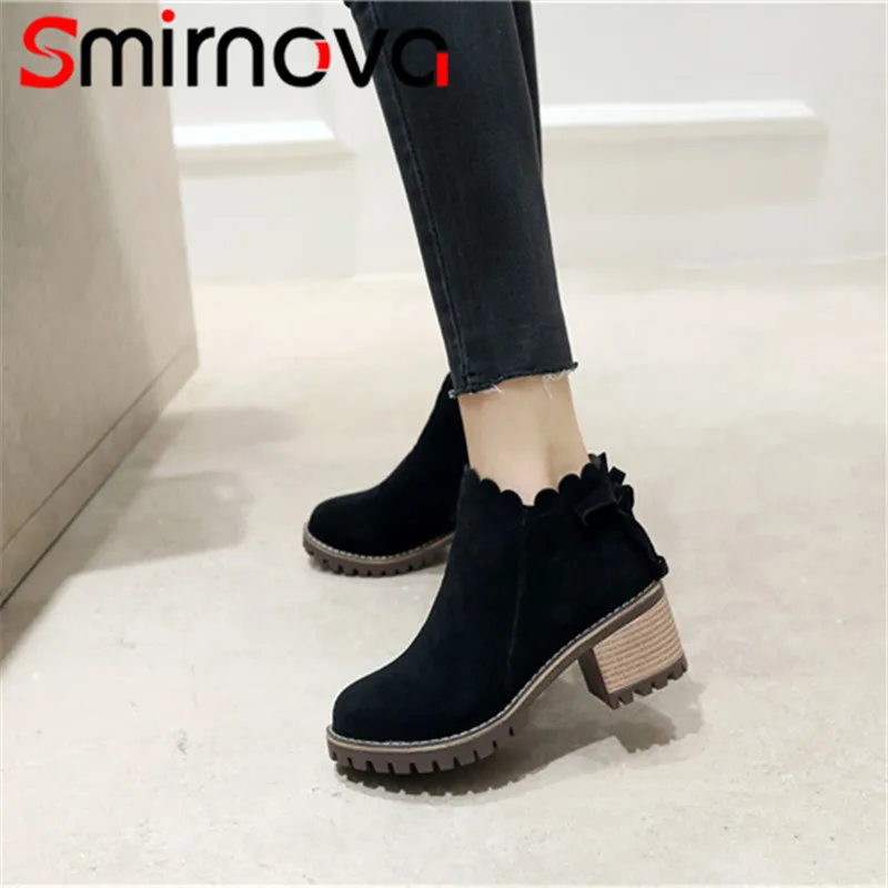 

Smirnova new arrive 2020 butterfly knot flock woman boots high heels ladies boots round toe ankle boots big size shoes zipper