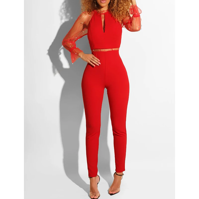 

Pearls mesh sheer sleeve jumpsuits for women 2019 Sexy transparent bodycon bodysuits Summer night club party rompers overalls