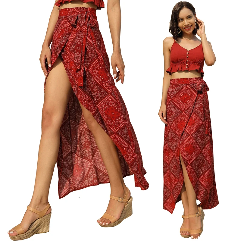 

High Split Long Geometric Printed Wrap Bohemian Skirt Women 2019 Summer Beach Casual Maxi Skirt Sash High Waist Long Boho Skirt