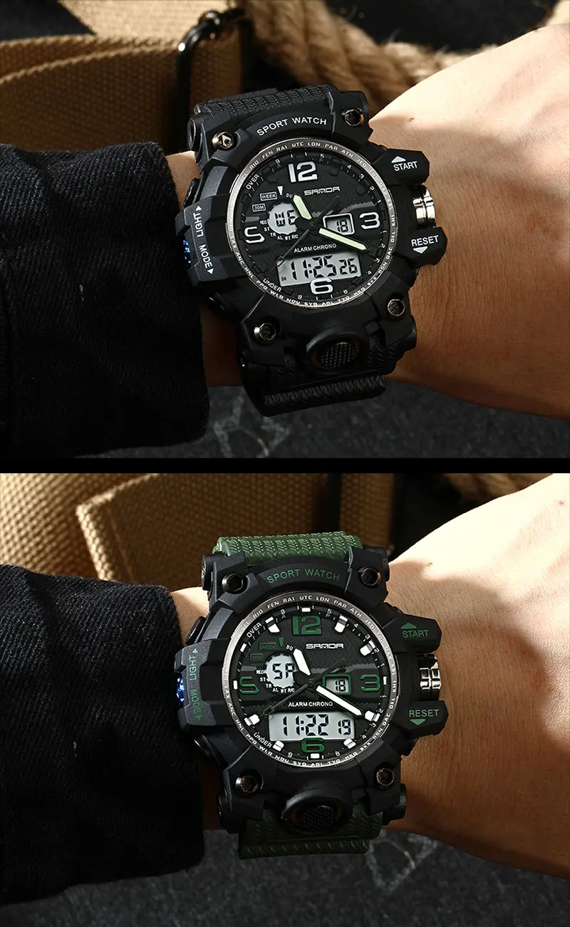 Санда часы Для мужчин аналоговые кварцевые цифровые часы Водонепроницаемый спортивные часы для Для мужчин силиконовые светодиодный
