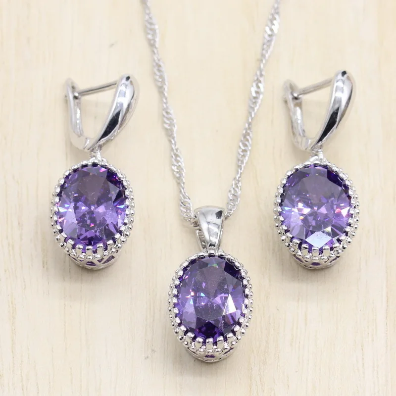 

925 Sterling Silver Jewelry Sets Purple Light Blue Cubic Zircon Earrings/Pendant/Necklace J