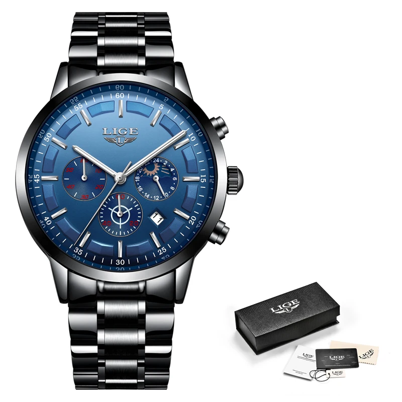 Mens Watches Moon Phase 2018 LIGE Chronograph Top Brand Luxury Fashion Mens Steel Military Waterproof Sport Quartz Watch relogio