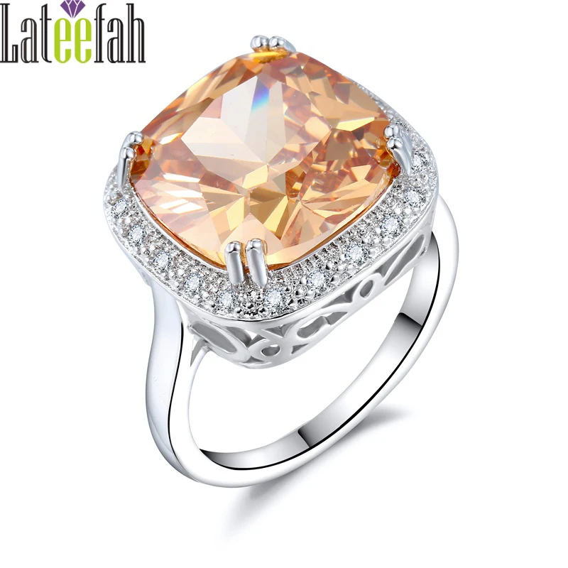 

Lateefah Luxury Large Stone Big Cocktail Ring for Women Cushion Cut Champagne Cubic Zirconia Filigree Halo Rings Anillos Mujer