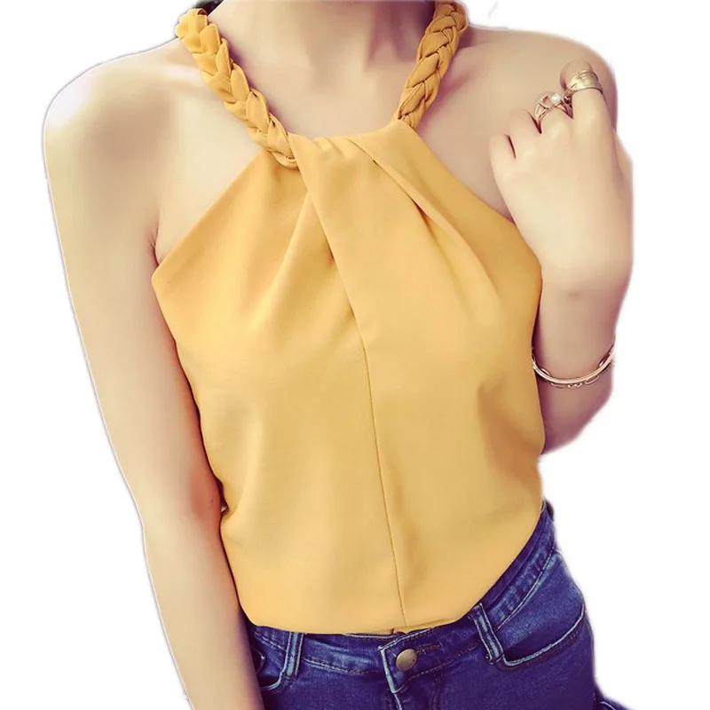 

Sexy 2019 Summer Off Vest Cropped Color Solid Women Plait Top Sleeveless Clothes Crop Tank Tops Woven Shoulder Halter