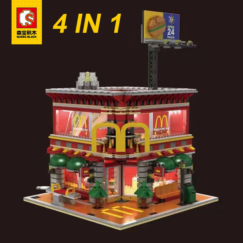 

4 In 1 City Street View LED McDonaldINGlys Restaurant Store House Model Building Blocks Architecture Shop Toys Compatible
