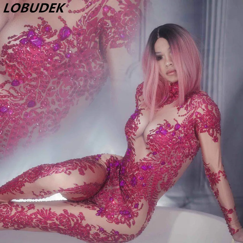 Red Flower Printed Full Rhinestones Skinny Jumpsuit Women Elastic Leotard Crystals Tight Fitting Rompers Sexy Club Party Costume Red Flower Printed Full Rhinestones Skinny Jumpsuit Women Elastic Leotard Crystals Tight Fitting Rompers Sexy Club Party Costume