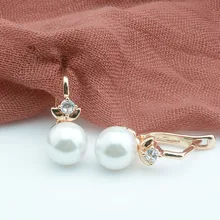 FJ mujeres 585 oro rosa Color simulado perlas redondas flores zirconia cúbica gota pendiente fiesta joyería(China)