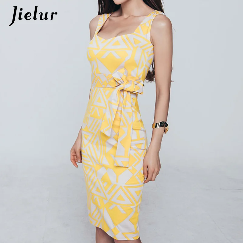 Jielur женское платье на тонких бретельках с принтом и поясом, обтягивающие летние сексуальные платья, женские желтые платья с v-образным вырезом Sukienka Mujer S-XL - Цвет: Цвет: желтый