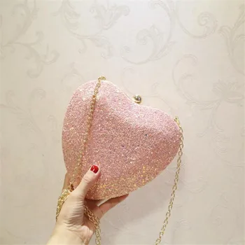 

2020 women sequins heart shaped evening bags lovely wedding party bags with chain clutch bags for ladies drop shipping