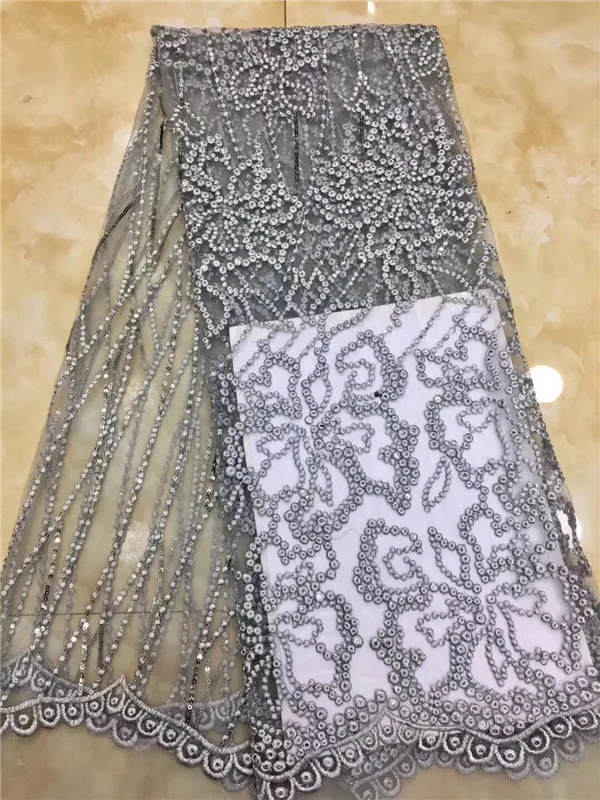 2019 Latest Nigerian Sequins Laces Fabrics High Quality Tulle African Fabric Wedding Dress French Lace Material gray white | Дом и сад