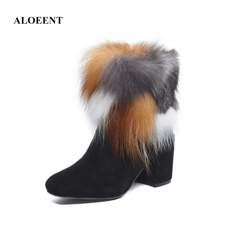 

ALOEENT Euramerican New Winter Fashion Chelsea Boots Crude Fretwork Heels Round Toe Short Female Solid Zip Feather Ankle Shoes