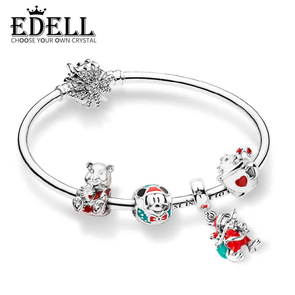 

EDELL 100% 925 Sterling Silver ZT0211 Winter Christmas Bracelet Set CHRISTMAS BEAR CHARM WARM COCOA CHARM Santa Gift Bag Pendant