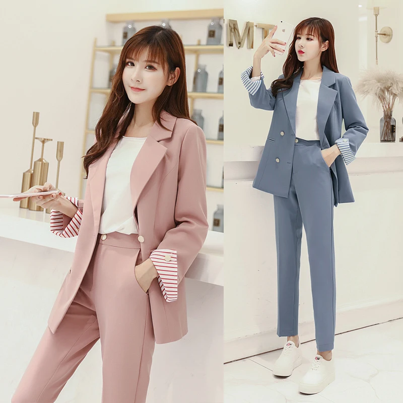 New Autumn Winter Women's Pants Suits Blue And Pink Fashion Solid Turn-down Collar Tops And Casual Pants Two Piece Sets S99023L