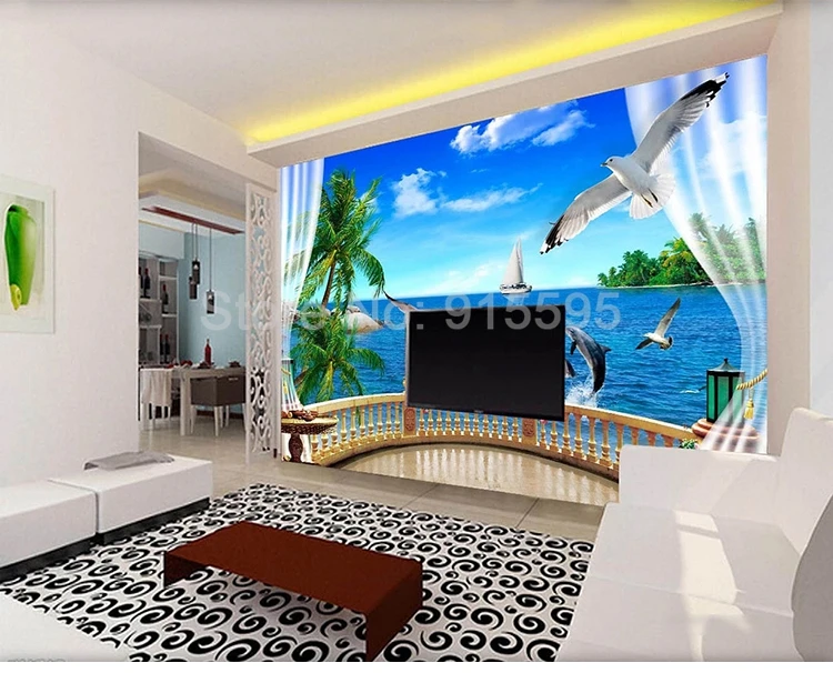 Пользовательские 3D фото обои настенные оконные наклейки балкон морской пейзаж 3D креативное пространство гостиная диван ТВ фон стенная