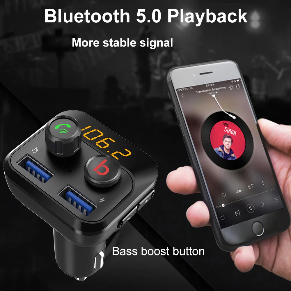 Konrisa fm-передатчик модулятор Bluetooth 5,0 автомобильный комплект громкой связи басовая Кнопка A2DP музыкальный плеер двойной USB Поддержка TF карта u-диск