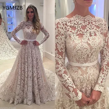 Vintage Lace Wedding Dress 2019 Long Sleeves Open Back Boat Neck Bridal Gown Bride Dress Robe De Mariee Vestido De Noiva long sleeves boat neck bodycon womens dress