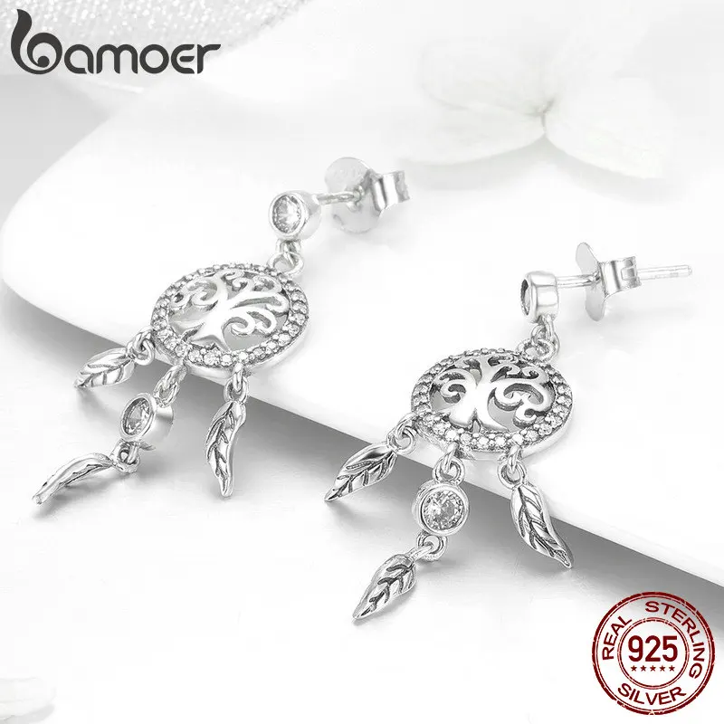BAMOER Fashion 925 Sterling Silver Tree of Life Dream Catcher Drop Earrings for Women Vintage Sterling Silver Jewelry SCE457 - Image 3