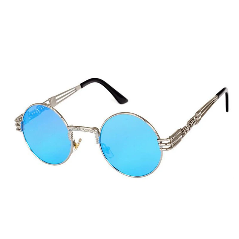 Ретро Круглые стимпанк Солнцезащитные очки UV400 защита Lunette Золотой Металл Весенние солнцезащитные очки для мужчин крутые круглые зеркальные оттенки - Цвет линз: Silver frame blue