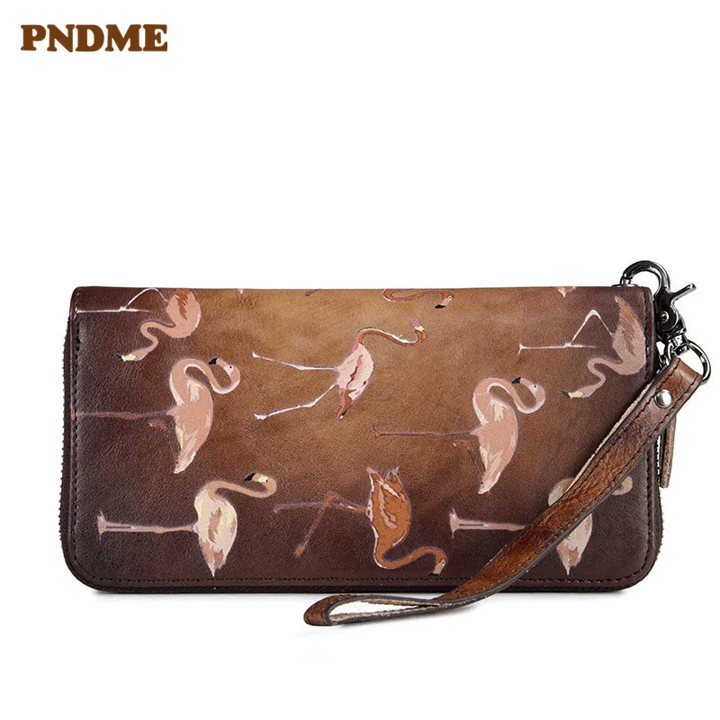 

PNDME high quality genuine leather clutch bag vintage ladies wallet luxury zipper long section female purse for women phone bags