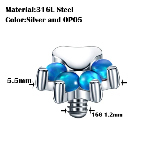 1 шт. стальной микродермальный верхушка с анкерным креплением кожа Diver сталь драгоценный камень Топы кожный пирсинг спрятать в коже опал Топы губы ювелирные изделия для пирсинга тела - Окраска металла: S0605