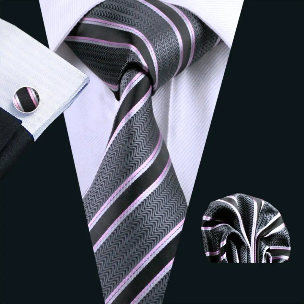 

FA-226 Gents Necktie Black Stripe 100% Silk Jacquard Tie Hanky Cufflinks Set Business Wedding Party Ties For Men Free Shipping