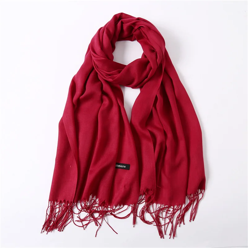 Классические однотонные зимние шарфы, женские модные тонкие шарфы с кисточками, Длинный мягкий шарф из пашмины, высококачественные шали, хиджаб - Цвет: 120g   wine red